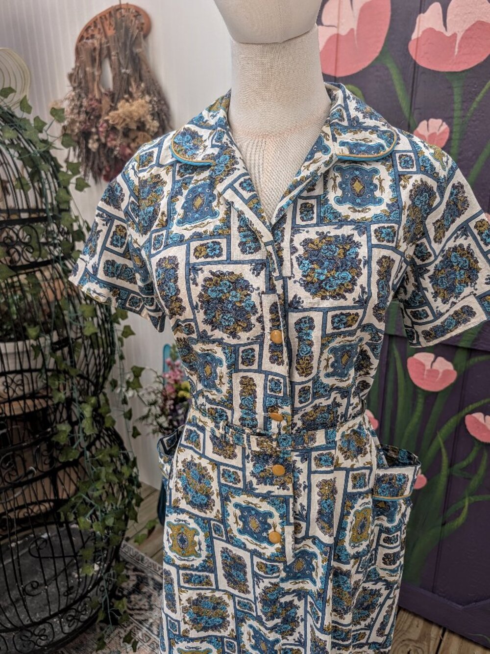 Vintage 1950's White Cotton Shirtwaist Dress with Blue & Green Floral Print